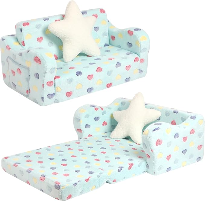 Extra Wider Seating Toddler Couch, 2-in-1 Toddler Soft Couch Fold Out with Star Pillow, Convertible Sofa to Lounger for Girls and Boys