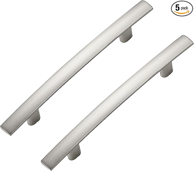 5 Pack Cabinet Handles 3.75" Hole Center - Curved Cabinet Pulls Brushed Nickel Drawer Pulls for Kitchen Cupboard Solid Hardware for Dresser Drawer Arch Hardware