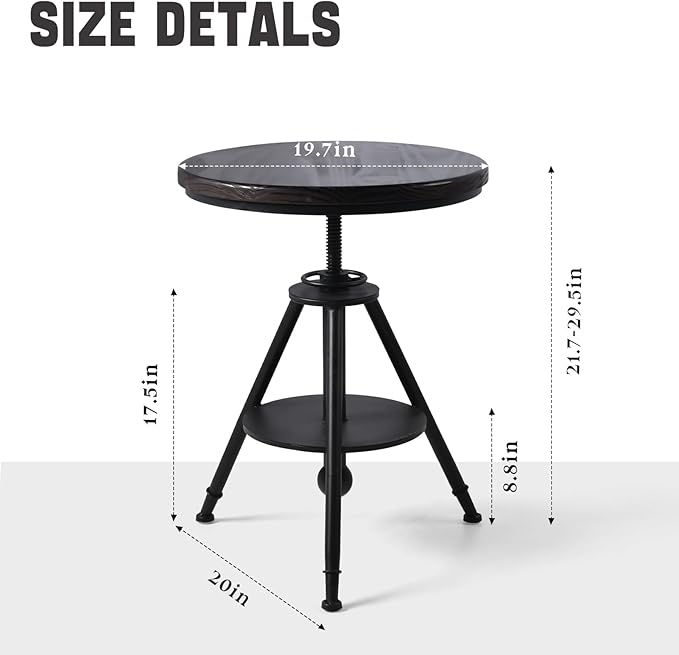 Industrial Vintage Cafe Farmhouse Dining Table - Rustic Round Wooden Top, Height Adjustable 21-29in