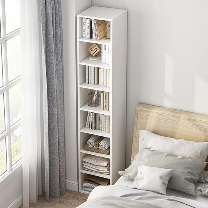 IOTXY Small Narrow Corner Bookcase - 59 Inches Tall Gap Freestanding Storage Cabinet, 7 Lattices Open Shelves Tower Rack, Cubes Bookshelf in Oak