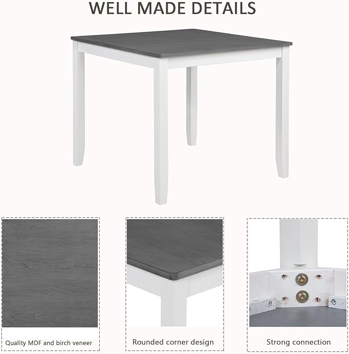 Ball & Cast 5 Piece Dining Table Set with 4 X-Back Chairs,Wooden Living Room Furniture W/ 34.5" Square Kitchen Desk,Easy Assemble & Clean,for Small Space,Apartment,Dining Room,White+Gray