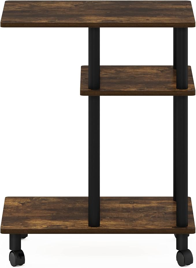 Furinno Turn-N-Tube C Shaped Side Table with Casters, Amber Pine/Black