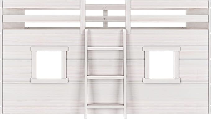 Max & Lily Modern Farmhouse Twin Low Loft Bed with Two Windows - Solid Wood, 15” Guardrails, 400-lb Capacity, Low-VOC Finish, White Wash