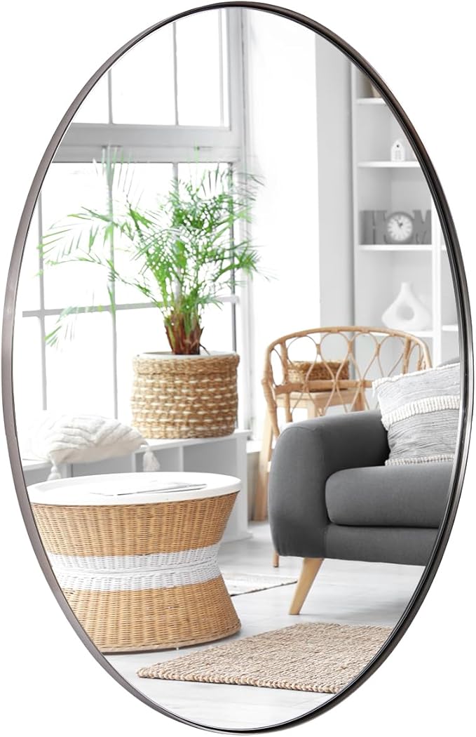 ANDY STAR Brushed Nickel Oval Mirrors for Bathroom, 22x30 Inch Silver Stainless Steel Metal Framed Oval Wall Mirror, Modern Vanity Mirror Wall Mount Horizontal or Vertical