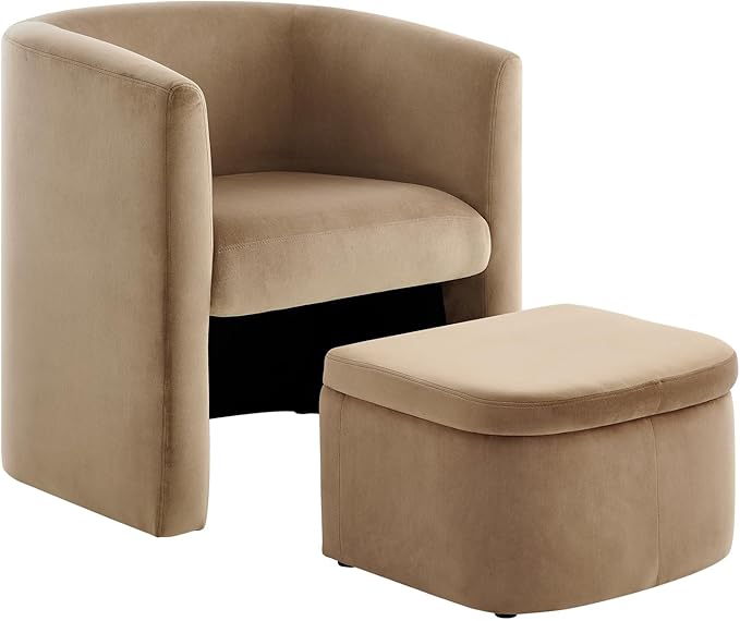 COLAMY Morden Velvet Barrel Accent Chair with Storage Ottoman Set of 2, Upholstered Living Room Side Chair, Single Sofa Armchair with Lounge Seat for Bedroom/Office/Reading Spaces, Khaki
