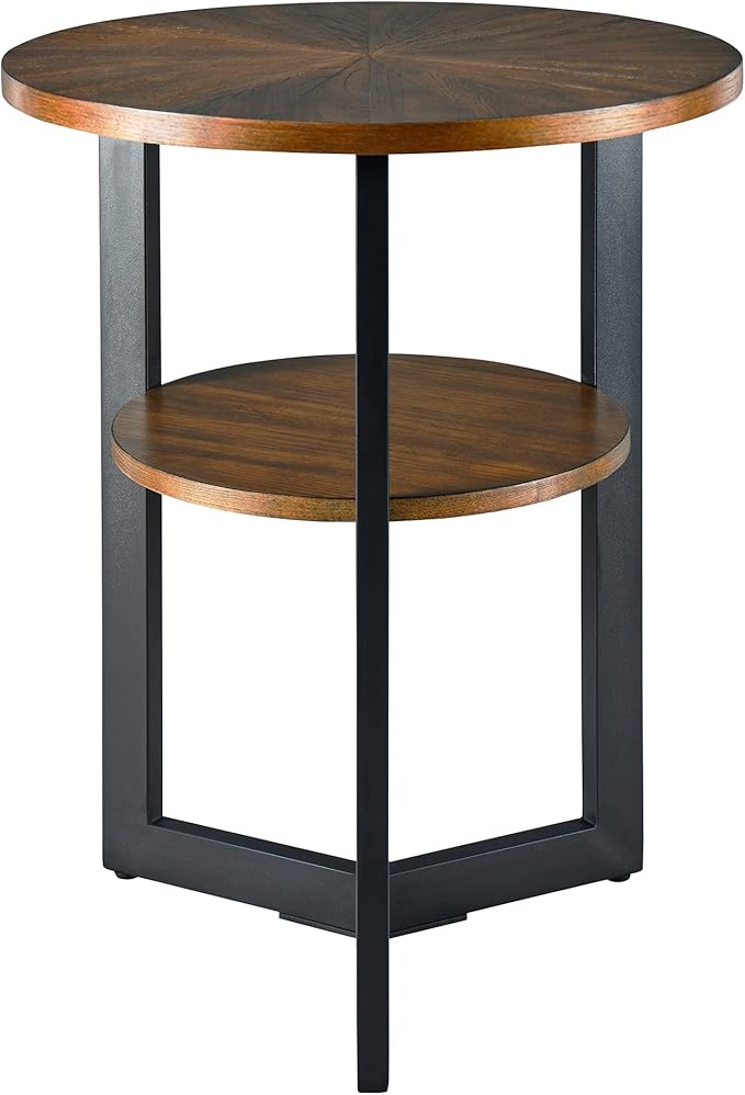 MODERION Small Round End Table with Storage Shelf, Circular Solid Wood Sofa Side Metal Leg, 2-Tier Telephone Table, Nightstand, 24''H x 19.3''D for Living Room Bedroom Entryway Rustic Brown BZ1338NC