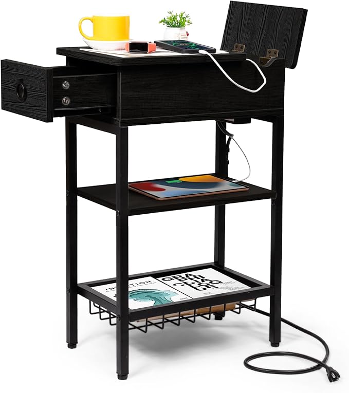 Small Black Side Table Charging Station for Bedroom, Narrow Black Living Room End Tables with Storage, Skinny USB Nightstand with Outlet, Gaming Coffee Table for Couch with USB Ports