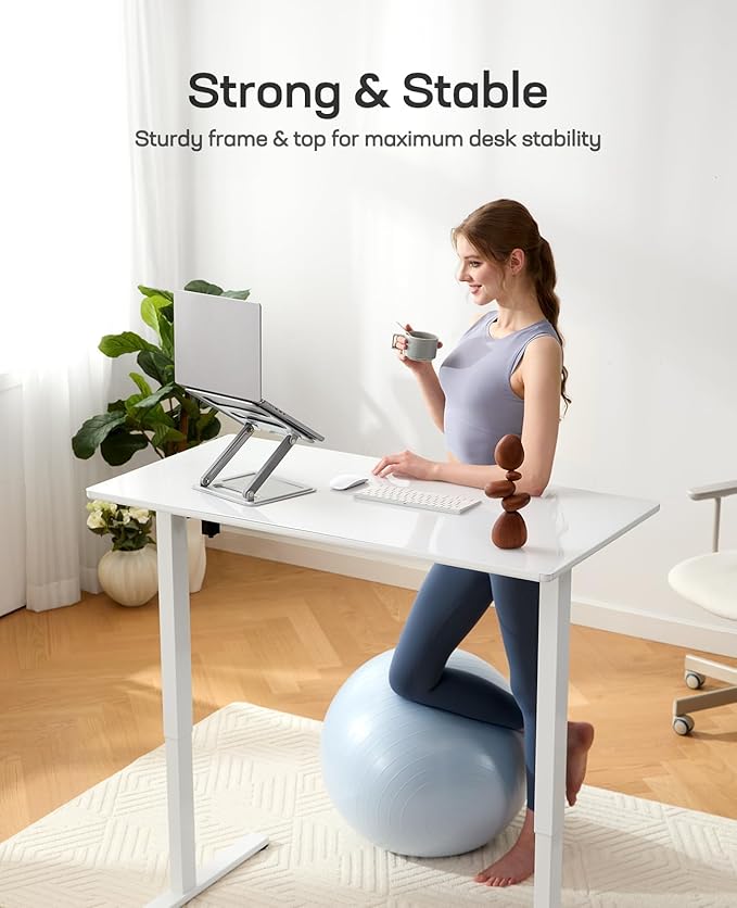 Marsail Glass Standing Desk with Drawer 37 x 22 Inches Stand up Desk Standing Desk Adjustable Height with One-Piece Tempered Glass Top, Ergonomic Home Office Desk with 4 Preset Heights White