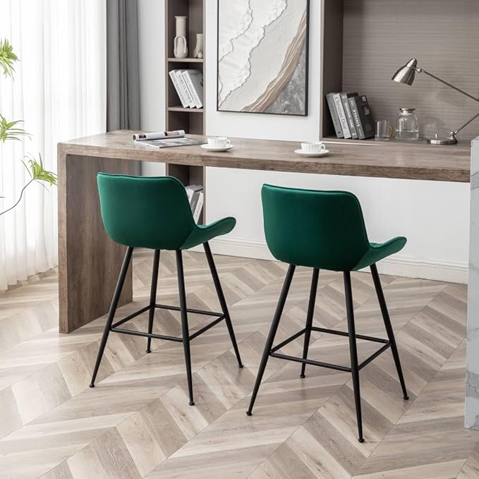 24 Inches Velvet Upholstered Island Stools, Bartools Set of 2, Fabric Counter Stools with Back, Counter Height Bar Chairs with Black Legs for Home Kitchen Island, Green.