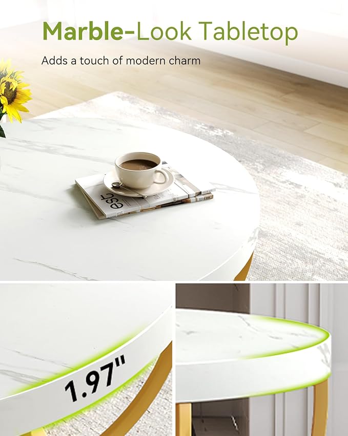 LITTLE TREE Round Coffee Table, 32" Circle Faux Marble Coffee Tables for Living Room, 2-Tier Golden Metal Legs Accent Center Table with Open Storage Modern Design Home Furniture (White and Gold)