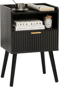 AWASEN Black Fluted Nightstand, Modern Bedside Table with Storage Drawers, Small Night Stand Bed Side Table with Solid Wood for Living Room, Bedroom, Office and Small Space (Black)