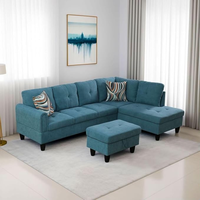 Green L-Shaped 3-Piece Flannel Sofa with Storage Ottoman Set, Sectional Couch Sofa Set for Living Room, Office, Small Space