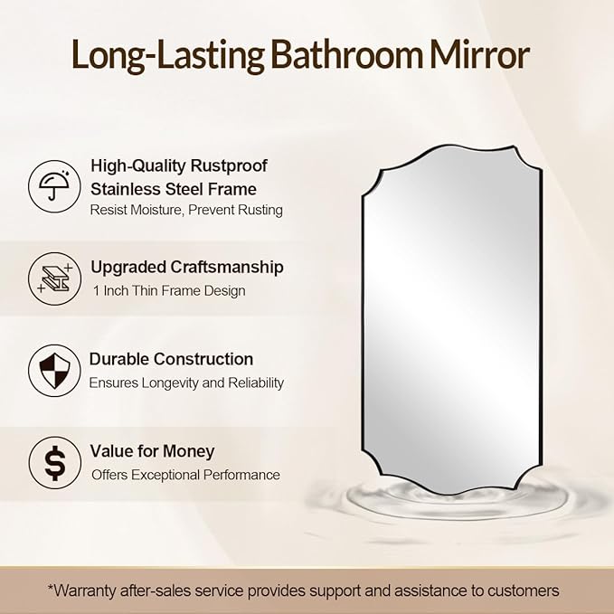 Black Scalloped Vanity Mirror, Matte Black Bathroom Mirrors, Metal Framed Black Wall Mirror, 22x30 Irregular Shaped Mirror, Rectangle Wavy Wall Mirror, Mounted Vertically or Horizontally