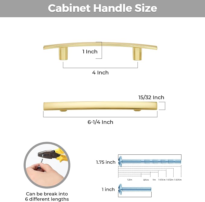 5 Pack Cabinet Handles 4" Hole Center - Curved Cabinet Pulls Brushed Brass Drawer Pulls for Kitchen Cupboard Solid Handles for Dresser Drawer Arch Closet Hardware