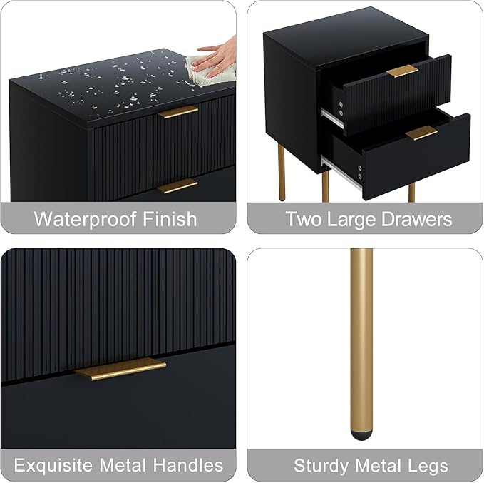 Nightstand,Small Bedside Table with Gold Frame,Morden Night Stand with 2 Drawer,End Table,Side Table with Drawer and Shelf for Bedroom,Living Room, Black