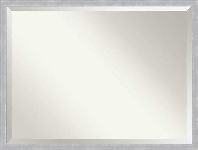 Amanti Art Silver Bathroom Mirror for Over Sink, 32x42 Grace Brushed Nickel Narrow Rectangle Vanity Mirror, X-Large Modern Frame, Hangs Horizonally and Vertically, Bathroom Wall Decor, Beveled Edge
