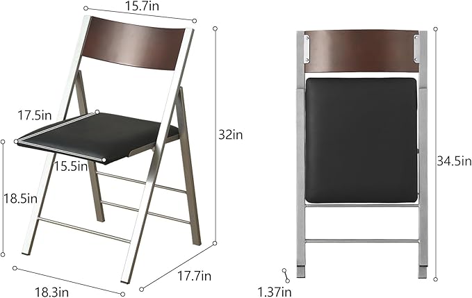 Folding Chairs with Cushion 2 Pack - Heavy Duty Steel Frame Foldable Dining Chairs, Waterproof Leather Indoor Outdoor Comfortable Folding Chairs for Home, Conference Rooms, Weddings, Events (Black)