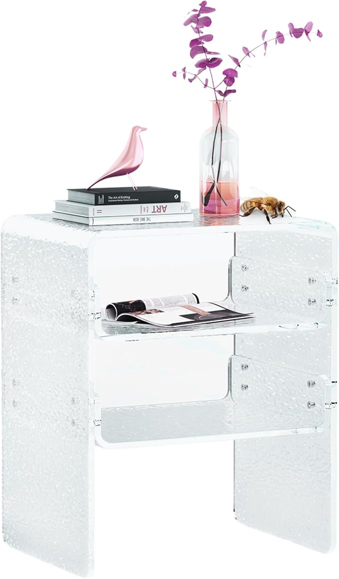 Clear Acrylic 3-Tier End Table/Nightstand – Sleek Bedside Storage with Durable Design, Perfect for Bedrooms, Living Rooms, or Modern Interiors – Ideal as a Bedside Table or Sofa Side Piece Marble