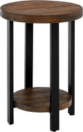Pomona 20 in. Round End Table with 2 Shelves, Solid Wood Top, Metal Legs, Rustic Natural Brown Finish - Living Room Furniture