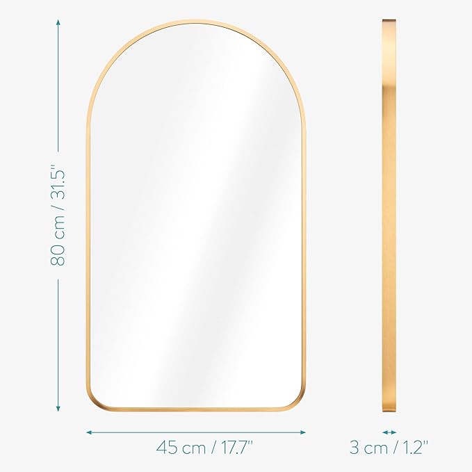 Navaris Arched Wall Mirror - Golden Arch Framed Mirror - 17.7"x31.5" Wall-Mounted Mirror with Gold Aluminum Alloy Frame for Living Room Bathroom Hall