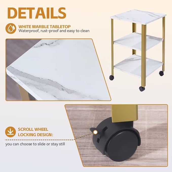 Side Table, End Table with Wheels, Printer Stand with 3-Tier Storage, Bedside Table,Telephone Table,Square Small Side Table for Living Room, Bedroom, Office, Kitchen, Metal Frame, Easy Assembly -White