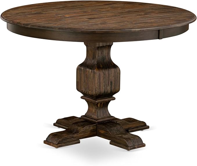 East West Furniture F3EL7-718 7 Piece Kitchen Table Set Consist of a Round Dining Table with Pedestal and 6 Brown Linen Linen Fabric Parsons Dining Chairs, 48x48 Inch, Distressed Jacobean