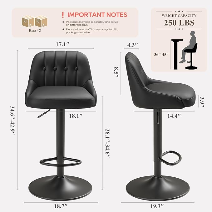 Bar Stools Set of 4, Swivel Bar Chairs, Modern Adjustable PU Leather Upholstered Barstools Counter Height with Tufted Back for Bar, Kitchen Counter Island, Dining Room, Black