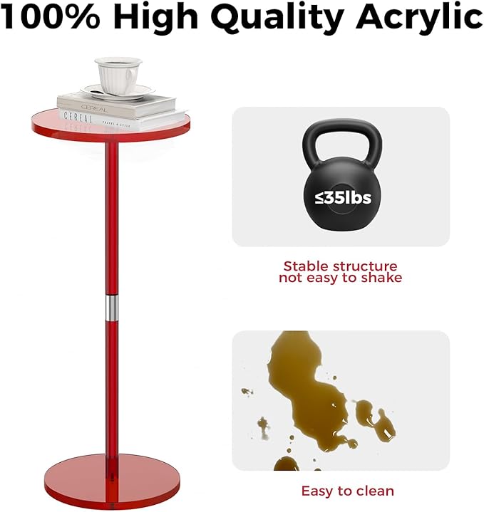 Acrylic Side Table for Small Spaces, Clear Drink Table, 10" L x 10" W x 21.3" H, Round End Table for Living Room, Bedroom, Office, Easy Assembly