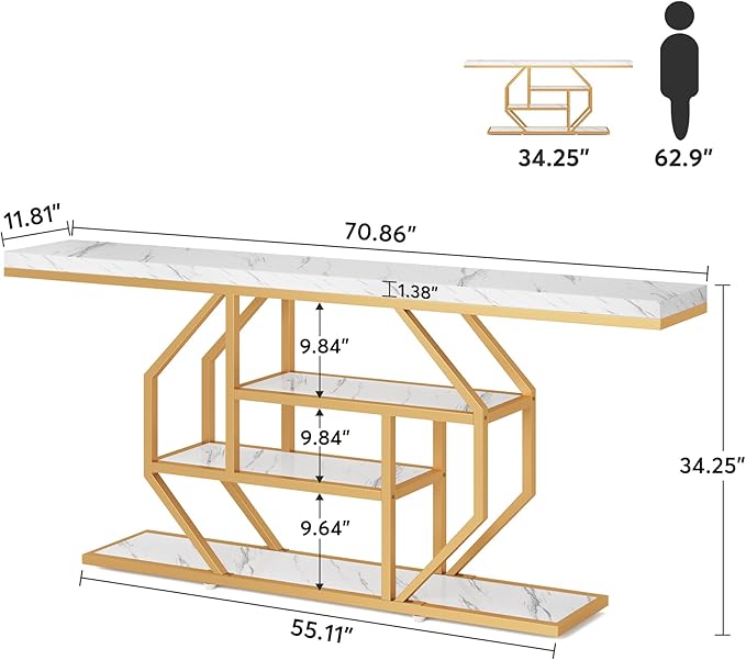 Tribesigns 70.9 inch Extra Long Console Table, Modern Gold Sofa Table Behind Couch with Storage, 4 Tier Entryway Accent Table for Living Room, Hallway, Entrance, Faux Marble White