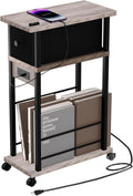 Side Table with Charging Station and Drawer, Narrow End Table with USB Ports and Outlets for Small Space, Living Room, Bedroom and Office, with 4 Wheels (1, Greige + Black)