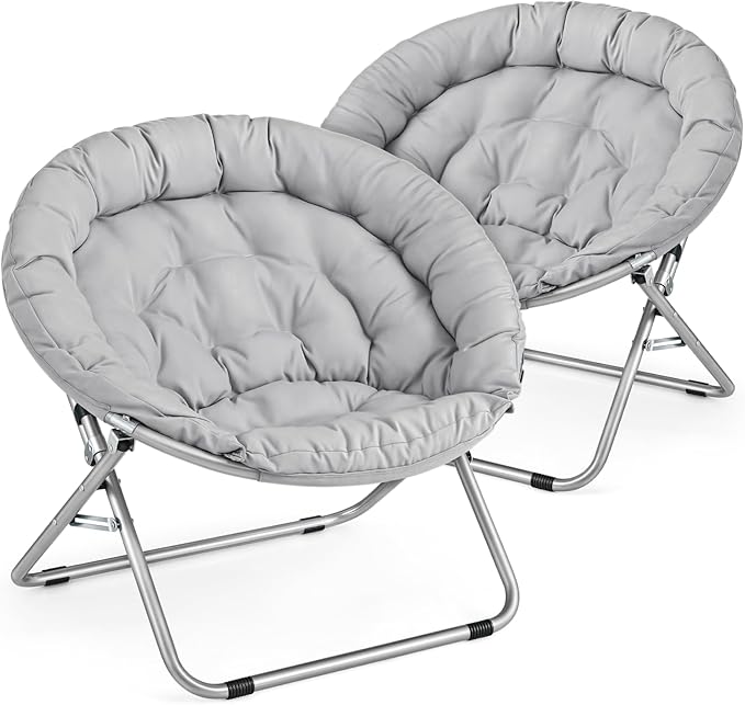 MoNiBloom Round Folding Saucer Chairs Set of 2 for Bedroom Living Room Dorm Foldable Metal Frame Comfy Soft Lounge Lazy Cozy Moon Chairs for Teens (Grey)