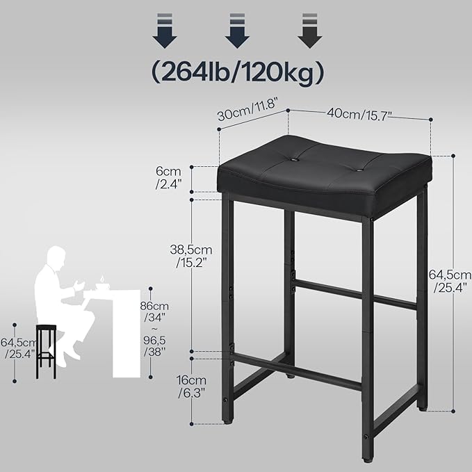 HOOBRO Bar Stools,25.4" Saddle Stools with PU Upholstery, Counter Height Stools with Footrest, Kitchen Breakfast Chairs, for Dining Room, Cafe, Bar, Black BB23BY01