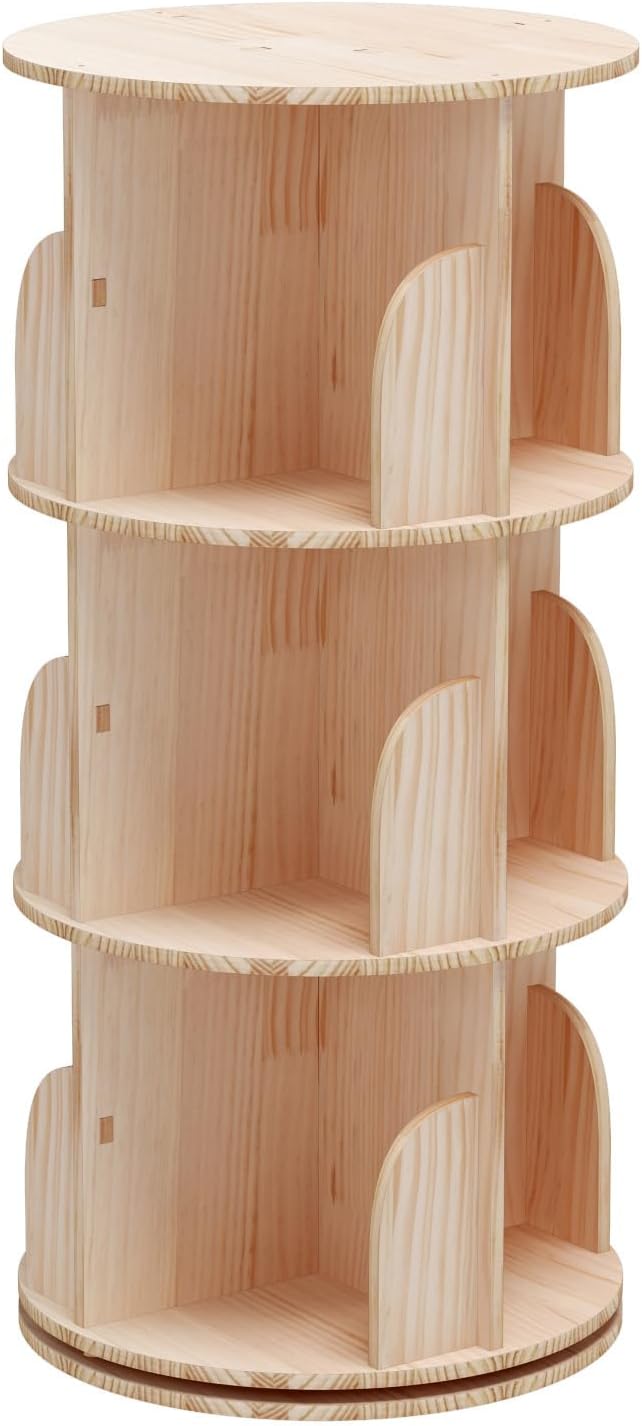 Rotating Bookshelf, 360 Display 3 Tier Floor Standing Bookcase Storage Rack for Kids&Adult, Wood Narrow Book Shelf Organizer for Bedroom, Living Room, Study Room