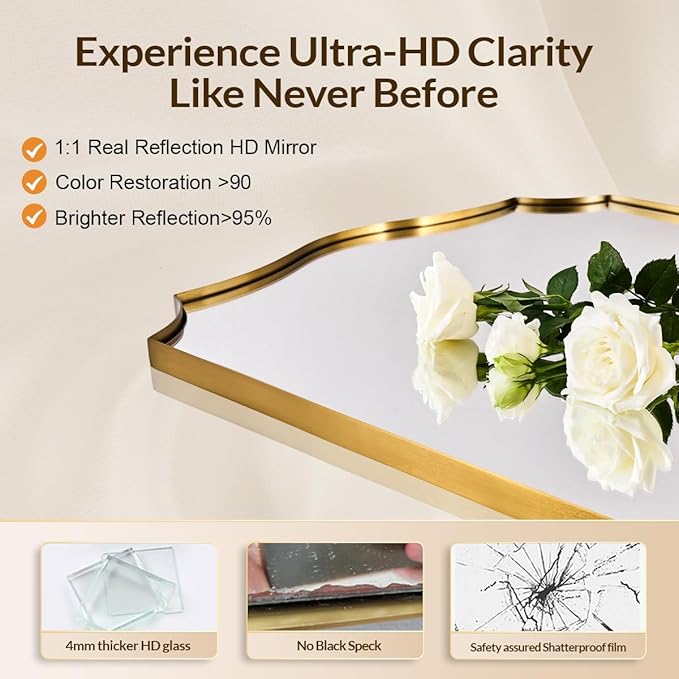 Gold Bathroom Mirror, 24"x40" Gold Asymmetrical Mirror with Scalloped Edge Design, Curved Mirror in Anti-Rust SUS304, Thin Metal Framed, 1" Deep Wall Mounted Vertically/Horizontal