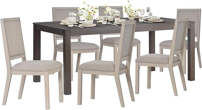 COLAMY Modern Rectangular Dining Table Set, 60" L x 36" W x 30" H, Brown+Ivory