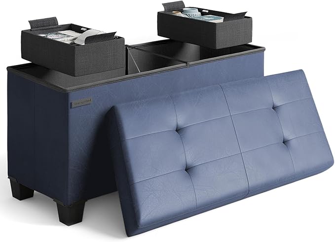 STORAGEBUD Storage Ottoman Bench with Bins, 30-in Storage Bench for Bedroom End of Bed, Folding Foot Rest Ottoman for Living Room Max 660lbs, Faux Leather Ottomans, Blue