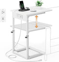 Vagusicc C Shaped End Table with Charging Station, 33" Tall Side Table for Couch, Sofa Table Adjustable Height Couch Side Table Coffee Table, Slide Under Sofa TV Tray C Table for Living Room, White