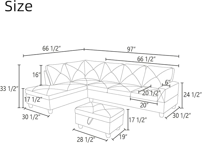 NAYSAYE L Shaped Couch, Leather Modular Sectional Couch with Ottoman Storage, Modern Lounge Sofa Convertible Sectional Couches for Living Room, Apartment, Dark Grey