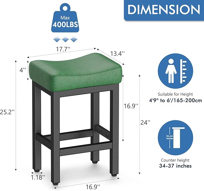 Counter Height Bar Stools Set of 2, 24 Inch Barstools for Kitchen Island Counter, Faux Leather Kitchen Stools with Thick Saddle Seats & Heavy Duty Metal Base, Easy Assembly, Forest Green