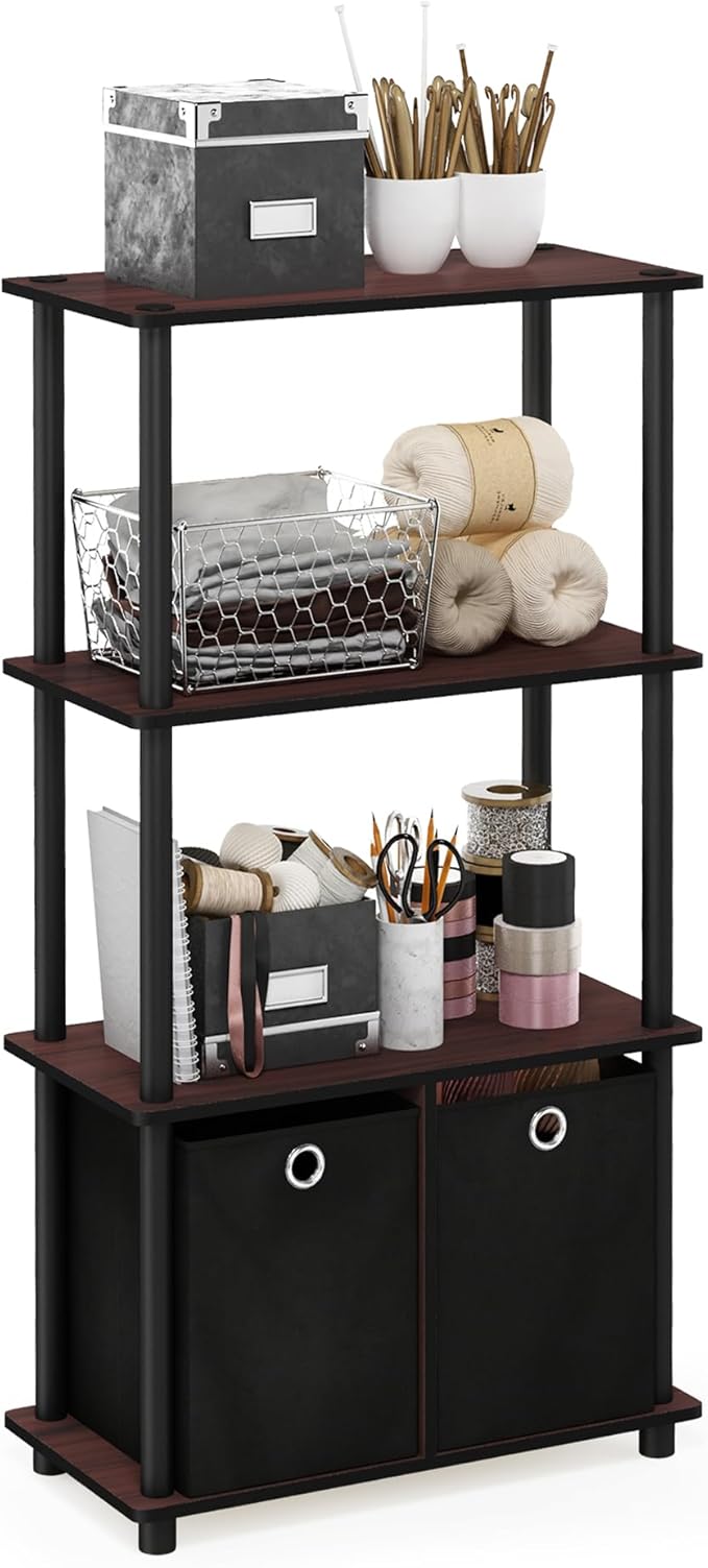 Furinno Go Green 4-Tier Multipurpose Storage Shelf with Bins, Set of 2, Dark Cherry