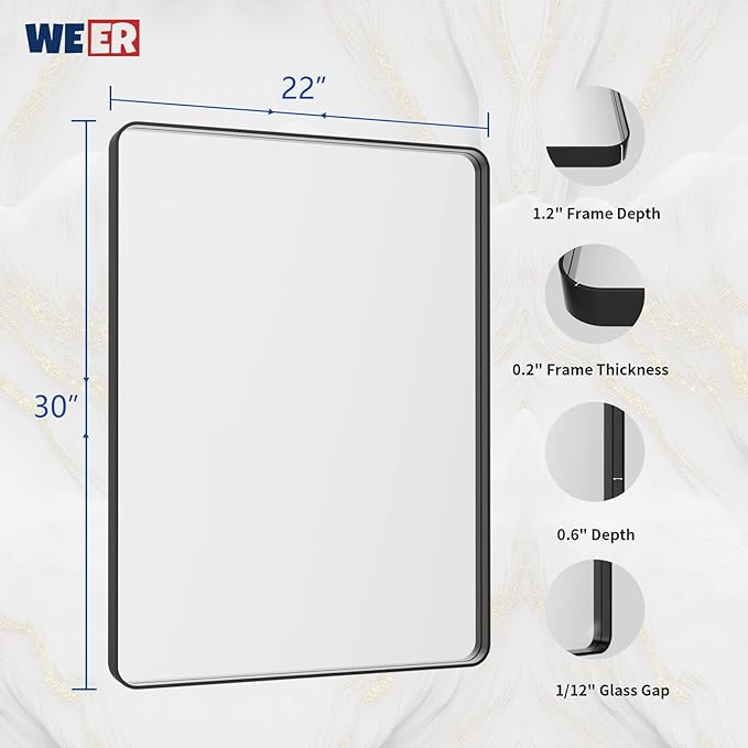 WEER Black Bathroom Mirror 22X30 Inch, Rounded Rectangle Matte Black Bathroom Vanity Mirror, Black Metal Framed Mirror for Wall, Tempered Glass, Anti-Rust, Hangs Horizontal or Vertical