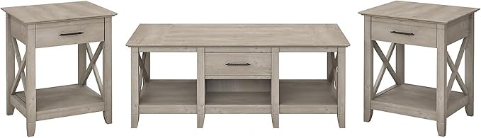 Bush Furniture Key West Coffee Table with Set of 2 End Tables, Washed Gray