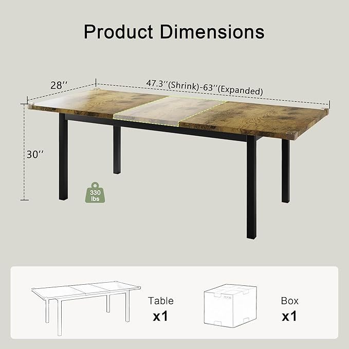 Feonase 63" Extendable Dining Table, Modern Farmhouse Dining Room Table for 4-8, Wooden Kitchen Table for Small Space, Dining Room, Home Office, Living Room Furniture, Rustic Brown