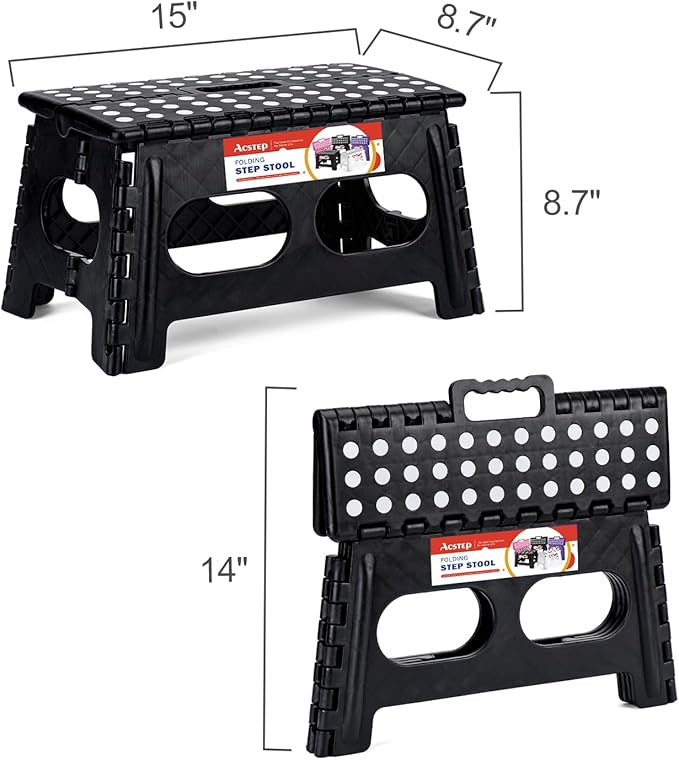 ACSTEP Folding Step Stool,15-Inch Extra Wide 9Inch Height Heavy Duty Stepping Stool More Safe and Comfortable Non Slip Foldable Step Stool for Kids and Adults Black