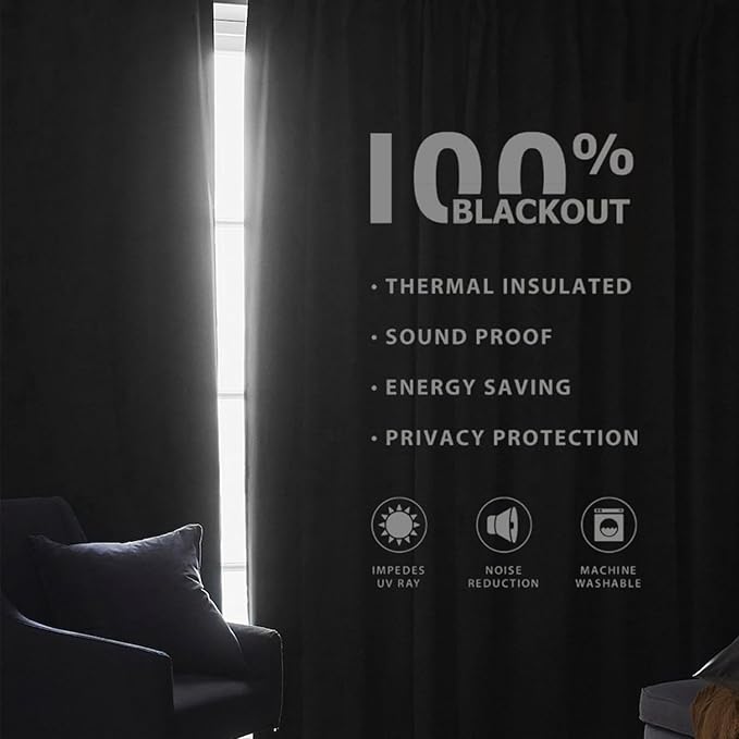 Joydeco Custom 100% Blackout Long Drapes for Bedroom Living Room Blackout Darkening Curtain Thermal Insulated Back tab Rod Pocket 1 Panel(Black,Custom Size)