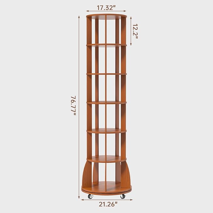 6 Tier Rotating Bookshelf with Locking Casters, 360° Spinning Vertical Bookcase, Revolving Floor Standing Organizer for Small Spaces, Corner, Living Room, Bedroom, Rustic Brown