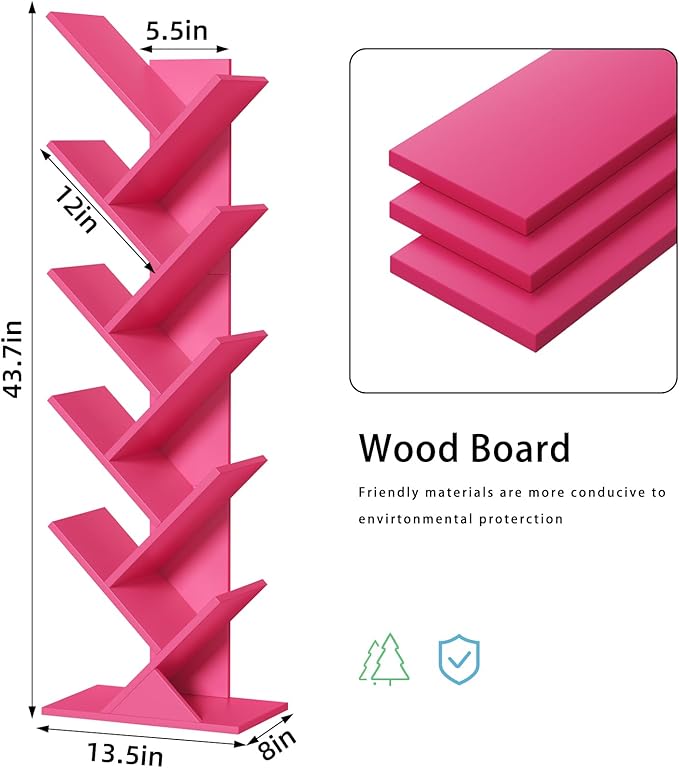 10 Tier Tree Book Shelf, Floor Standing Wood Bookshelf for Narrow Space, Storage Organizer Bookshelves for Books/CDs/Magazine, Bookcase with Shelves for Home Office, Living Room - Pink