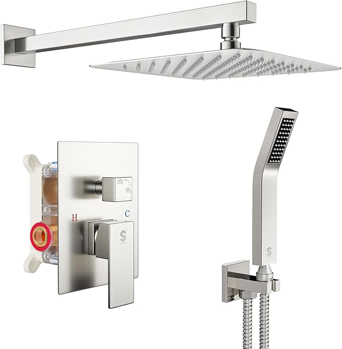 SR SUN RISE Shower Faucet Set Bathroom Square Rain Shower Head with Handheld Spray Wall Mounted Rainfall Shower Fixtures Brushed Nickel Shower Faucet Trim Repair Kits (Contain Shower Valve)10 Inches
