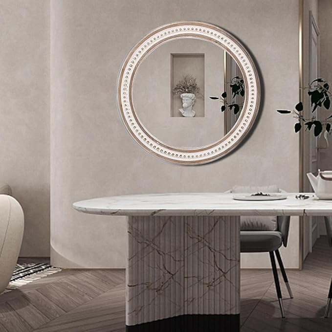 32'' Boho Wooden Large Round Wall Mirrors, Rustic Farmhouse Circle Mirrors Decorative Mirrors for Bathroom, Bedroom Over Sink, Living Room, Entryway