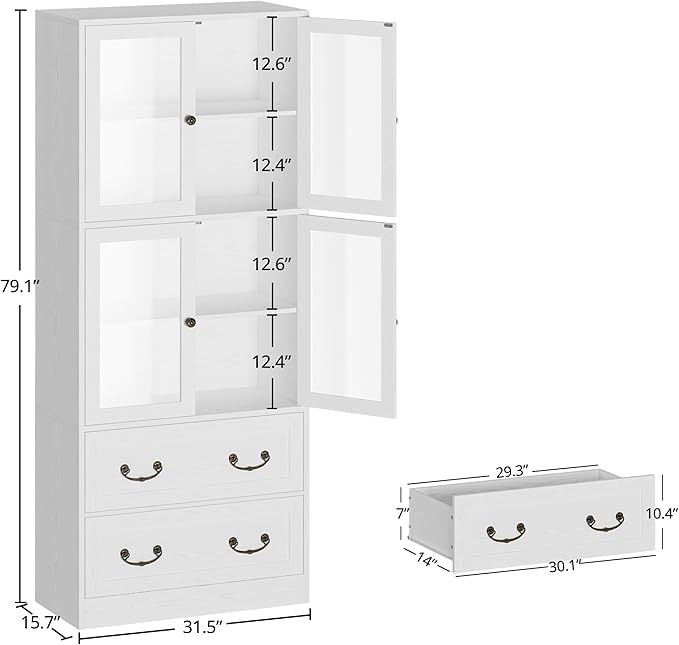 IRONCK Bookshelves and Bookcases, Bookshelf with 2 Drawers, 79.1" Inch Tall Bookshelf, 4 Tier Bookcase with Acrylic Doors, Large Storage Cabinet for Home Office, Living Room, Kitchen